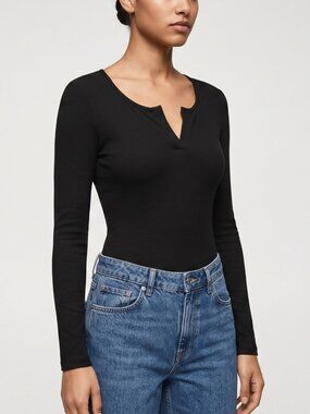NWT | MANGOPOP Long Sleeve Bodysuit | Notched Henley V-Neck | Onyx Black | XS